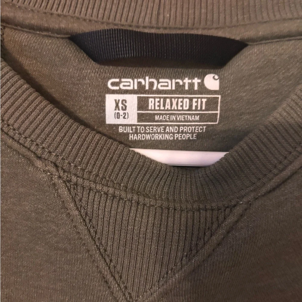 Carhartt Olive Green Crewneck Sweatshirt Relaxed Fit Sleeve Logo XS Women Comfy